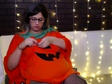 Busty curly brunette with big boobs fucks on couch