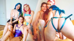 3 filles le baisent hard et réalisent son rêve – Pegging Domination HFFF